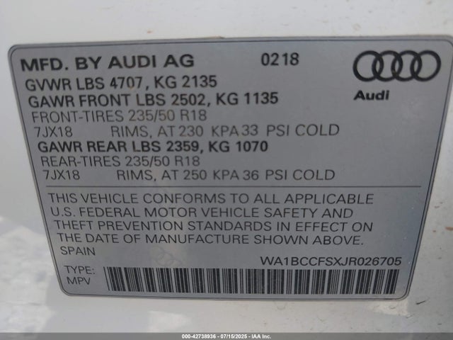 2018 AUDI Q3 WA1BCCFSXJR026705 Photo 8