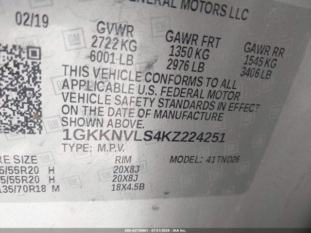 1GKKNVLS4KZ224251 GMC lgx - direct injection, variable valve timing, alum, gen 2