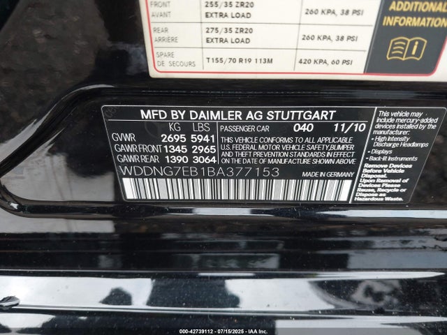 42739112 :رقم المزاد ، WDDNG7EB1BA377153 vin ، 2011 Mercedes-benz S 63 Amg مزاد بيع