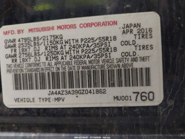 2016 MITSUBISHI OUTLANDER JA4AZ3A39GZ041862 Photo 8