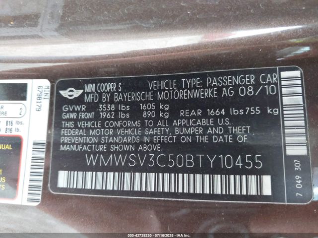 2011 MINI COOPER S WMWSV3C50BTY10455 Photo 8