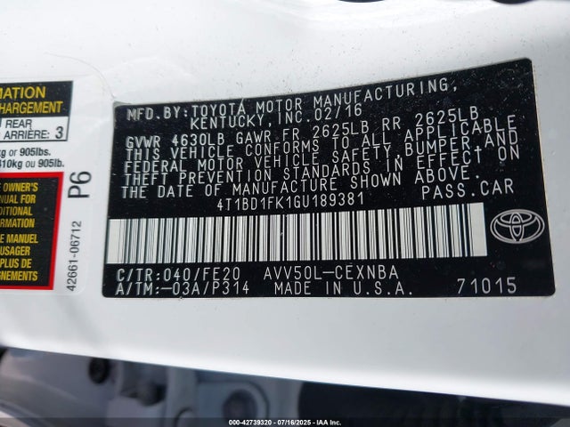 Toyota 2ar-fxe+2jm 2016 4T1BD1FK1GU189381 Image 9