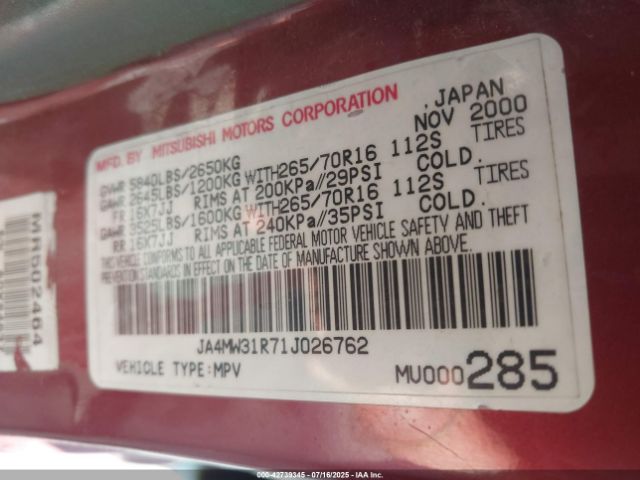 2001 MITSUBISHI MONTERO JA4MW31R71J026762 Photo 8