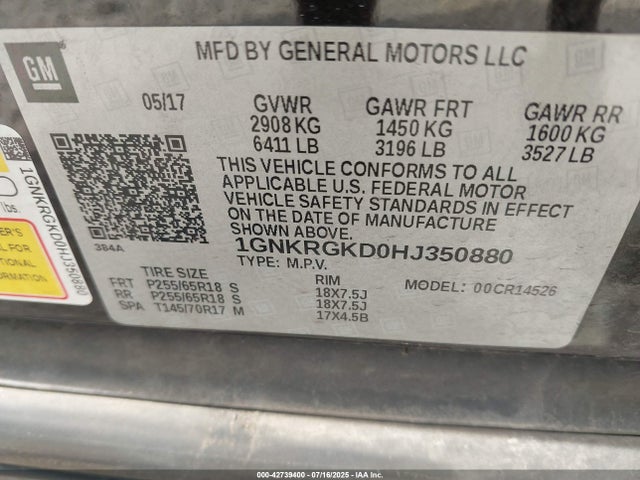 1GNKRGKD0HJ350880 Chevrolet llt - sidi: spark ignited direct injection, alum, 60 degrees