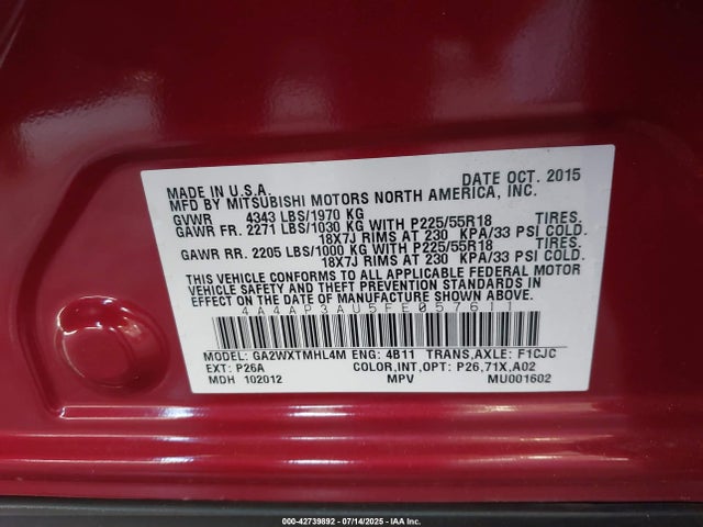 4A4AP3AU5FE057611 Mitsubishi dohc mivec