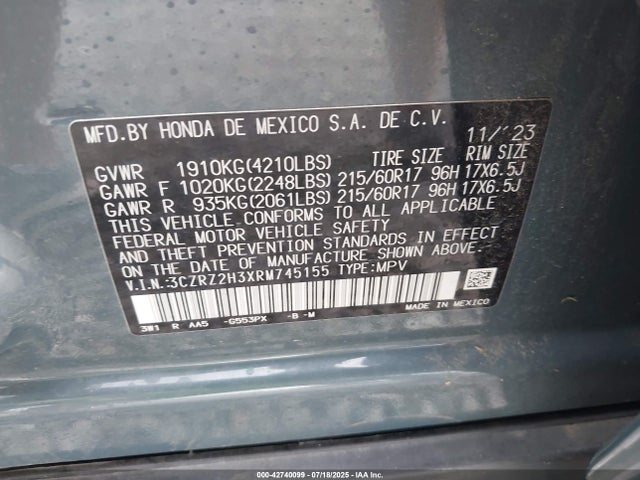 3CZRZ2H3XRM745155 Honda k20z5