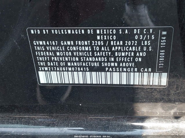 3VW217AU6FM078415 Volkswagen 2015