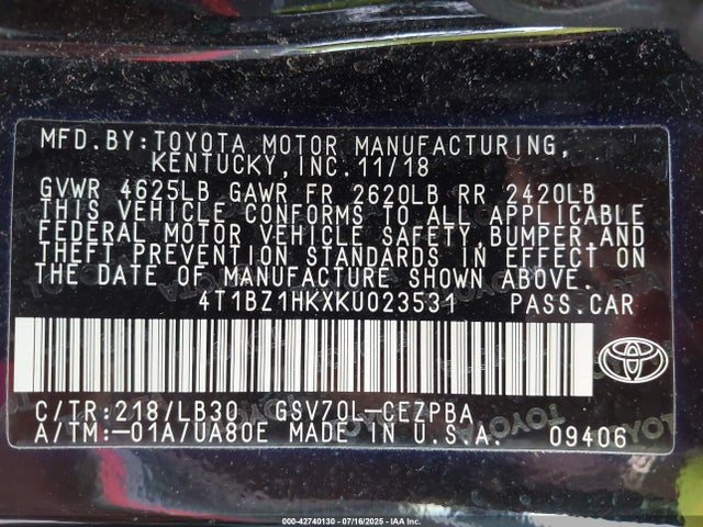 4T1BZ1HKXKU023531 Toyota 2gr-fks
