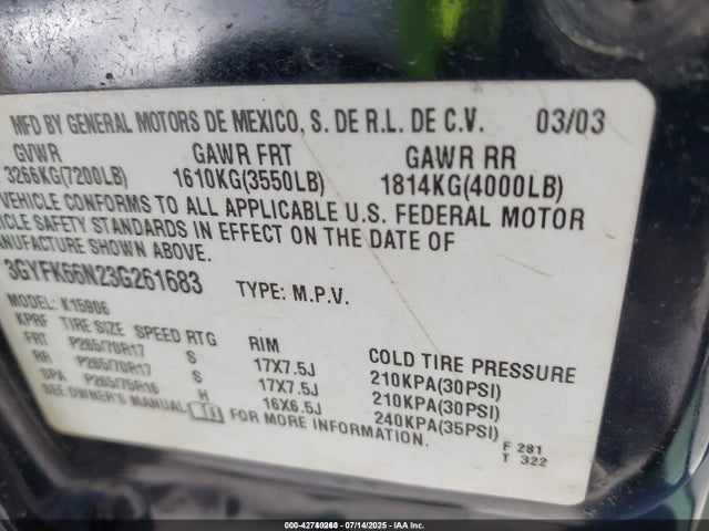 2003 CADILLAC ESCALADE ESV 3GYFK66N23G261683 Photo 8