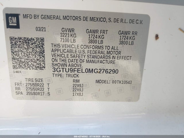 3GTU9FEL0MG276290 GMC l87 - di dfm, alum, gen 5
