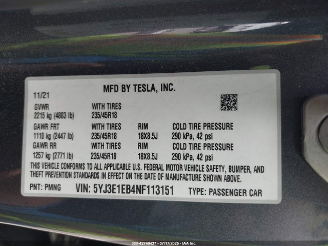 5YJ3E1EB4NF113151 Tesla MODEL 3