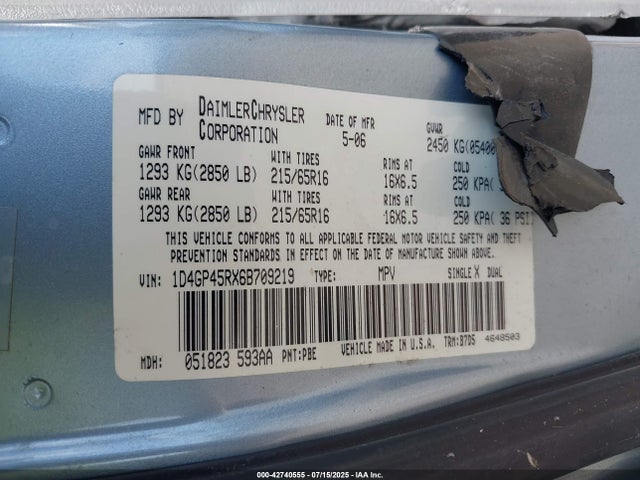 42740555 :رقم المزاد ، 1D4GP45RX6B709219 vin ، 2006 Dodge Caravan Sxt مزاد بيع