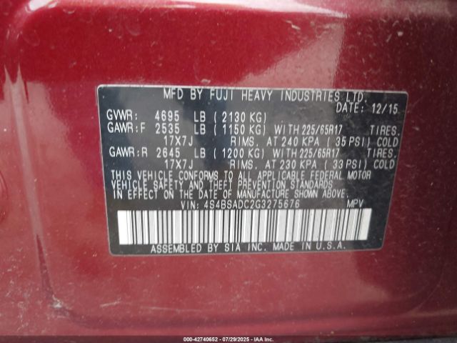 2016 SUBARU OUTBACK 4S4BSADC2G3275676 Photo 8
