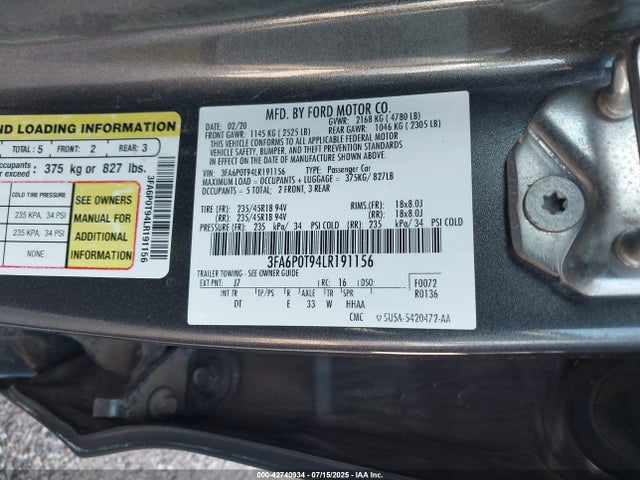 Ford 2.0l gtdi 2020 3FA6P0T94LR191156 Image 9