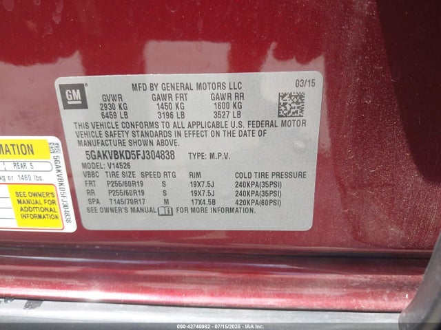 Buick llt 2015 5GAKVBKD5FJ304838 Image 9