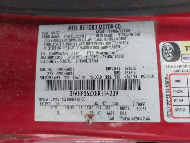 2008 FORD FUSION 3FAHP06ZX8R111239 Photo 8