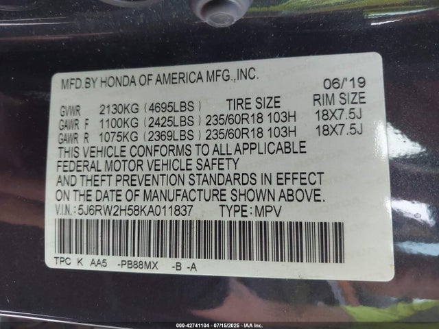 5J6RW2H58KA011837 Honda l15be