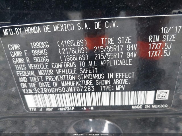 3CZRU6H50JM707283 Honda r18z9