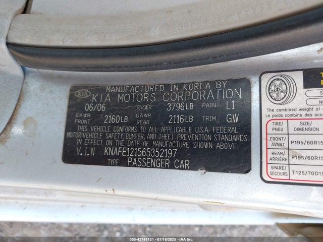Продаж на аукціоні авто 2006 Kia Spectra Ex/lx/sx, vin: KNAFE121565352197, номер лоту: 42741121