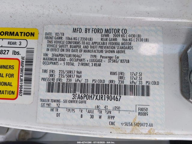 3FA6P0H7XJR190467 Ford 2018