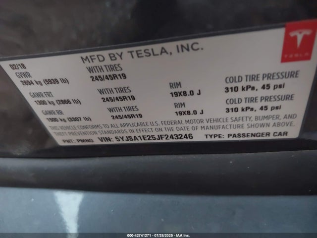 2018 TESLA MODEL S 5YJSA1E25JF243246 Photo 8