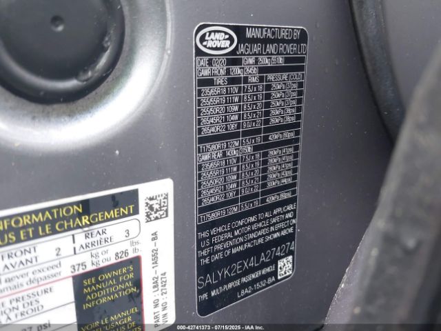 2020 LAND ROVER RANGE ROVER VELAR SALYK2EX4LA274274 Photo 8