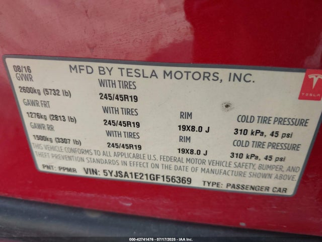 42741476 :رقم المزاد ، 5YJSA1E21GF156369 vin ، 2016 Tesla Model S 60d/70d/75d/85d/90d مزاد بيع