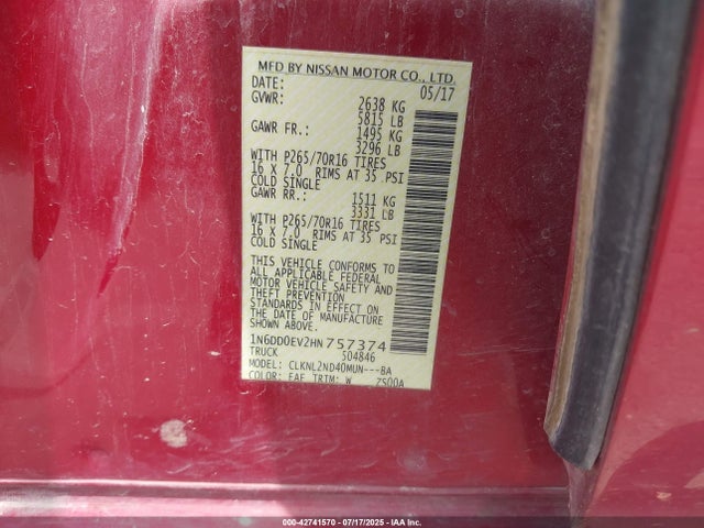 1N6DD0EV2HN757374 Nissan Frontier