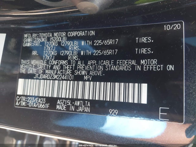 Lexus 8ar-fts 2021 JTJDARDZ3M2244101 Image 9