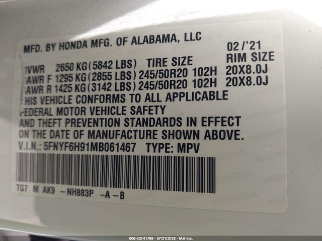 Honda j35y6 2021 5FNYF6H91MB061467 Image 9