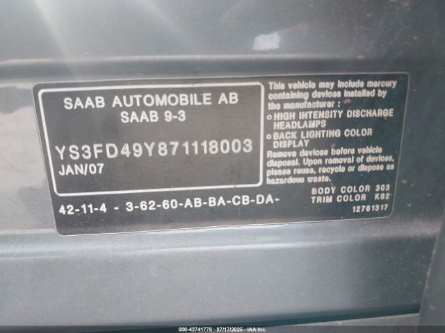 2007 SAAB 9-3 YS3FD49Y871118003 Photo 8