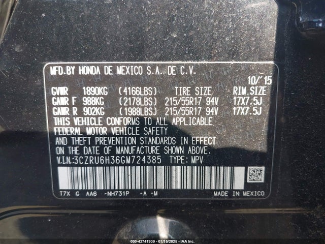 3CZRU6H36GM724385 Honda r18z9