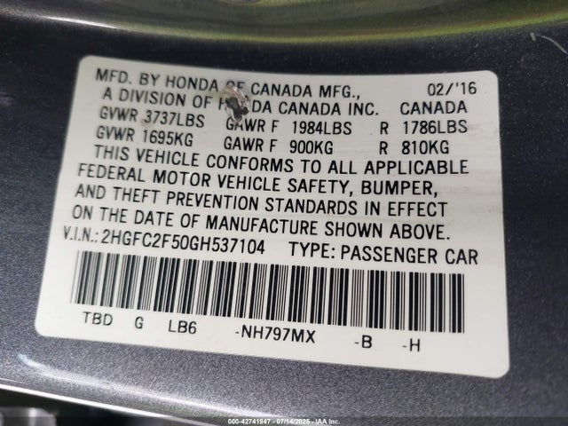 Honda k20c2 2016 2HGFC2F50GH537104 Image 9
