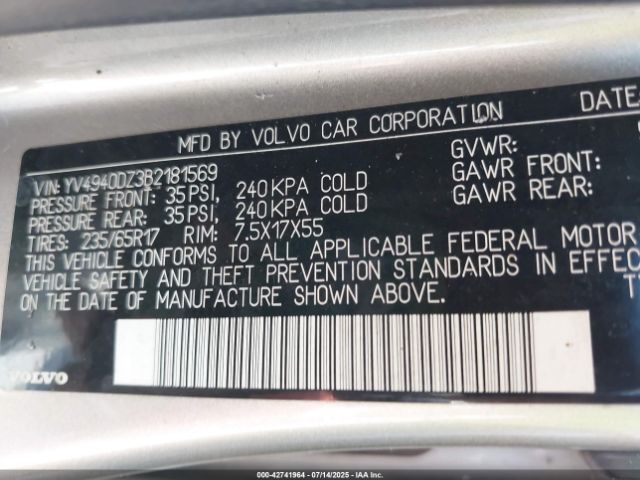 2011 VOLVO XC60 YV4940DZ3B2181569 Photo 8