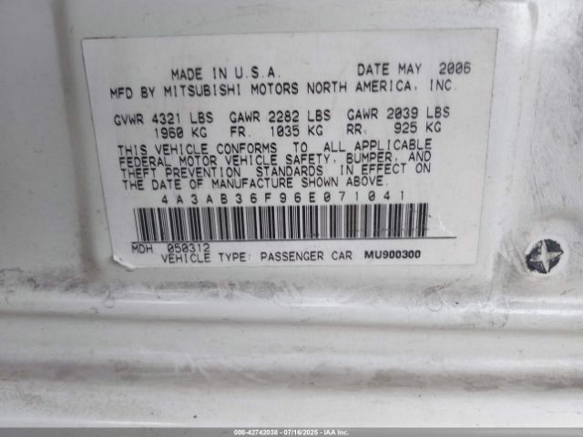 2006 MITSUBISHI GALANT 4A3AB36F96E071041 Photo 8
