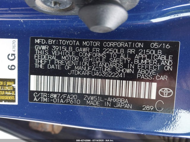 JTDKARFU4G3522241 Toyota 2zr-fxe,1nm
