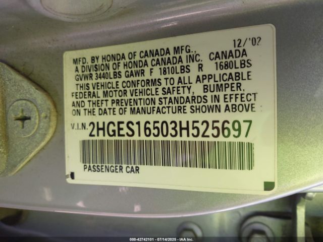 2003 HONDA CIVIC 2HGES16503H525697 Photo 8