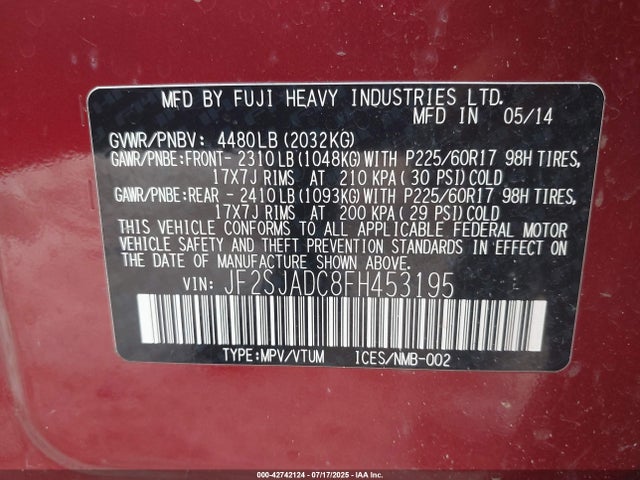 Subaru 2.5na u5 2015 JF2SJADC8FH453195 Image 9
