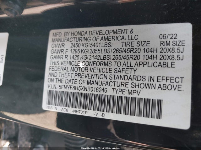 5FNYF8H5XNB016246 Honda j35y6