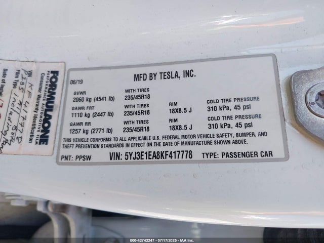 2019 TESLA MODEL 3 5YJ3E1EA8KF417778 Photo 8