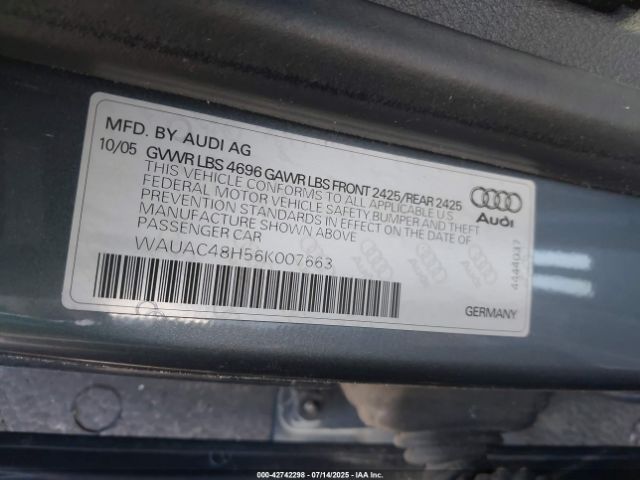 2006 AUDI A4 WAUAC48H56K007663 Photo 8