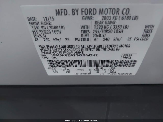 Ford Explorer 2016 1FM5K8D82GGB84742 Image 9