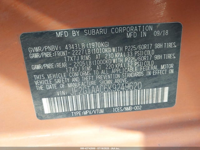 JF2GTAAC6K9249620 Subaru naturally aspirated