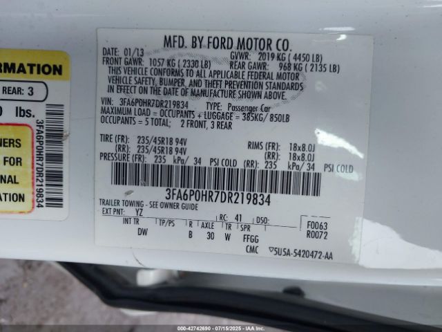 2013 FORD FUSION 3FA6P0HR7DR219834 Photo 8