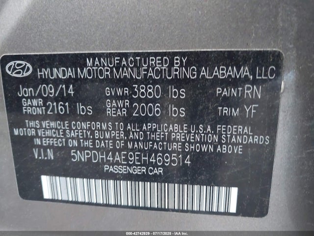 5NPDH4AE9EH469514 Hyundai dohc mpi nu
