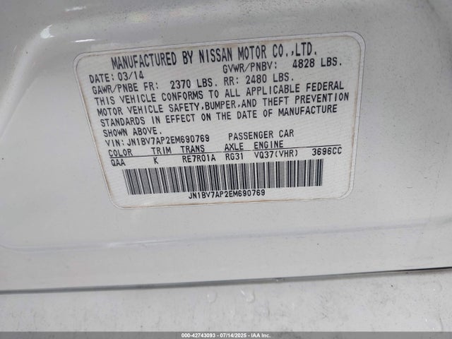 Aukcja sprzedaży 2014 Infiniti Q50, vin: JN1BV7AP2EM690769, numer aukcji: 42743093