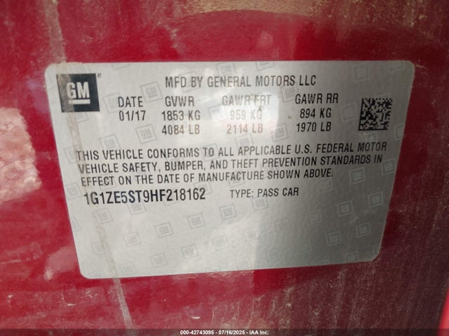 1G1ZE5ST9HF218162 Chevrolet MALIBU 1LT