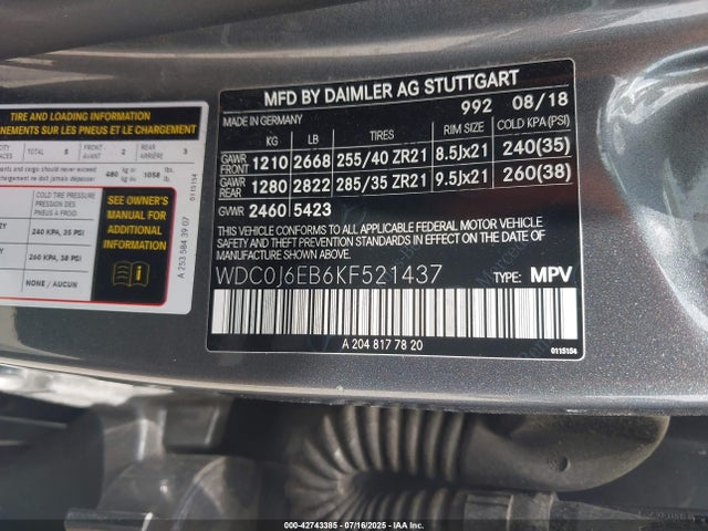 WDC0J6EB6KF521437 Mercedes-Benz m276