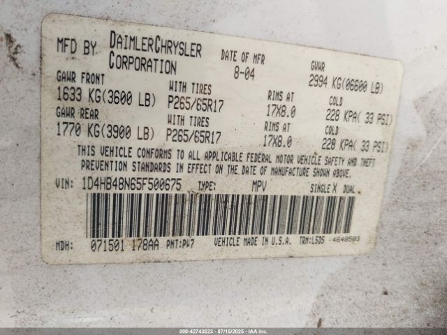 2005 DODGE DURANGO 1D4HB48N65F500675 Photo 8