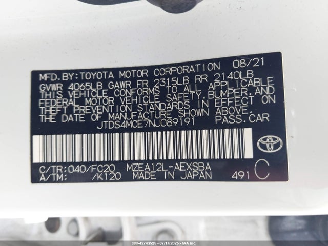 JTDS4MCE7NJ089191 Toyota m20a-fks
